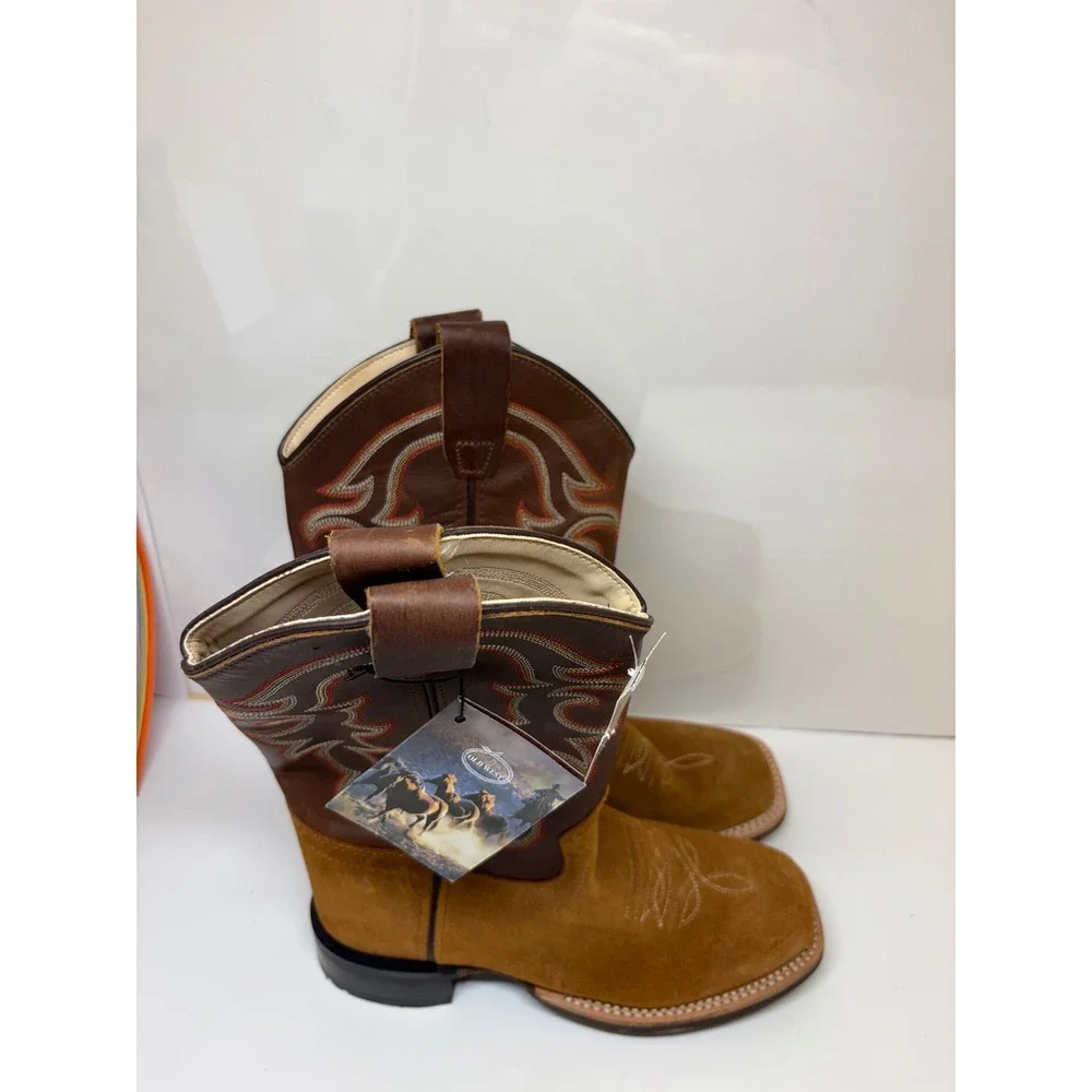Old West Youth BSY1987 Brown Suede Leather Square Toe Cowboy Boots Size 4 D